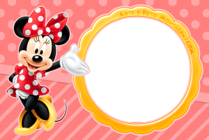 Moldura Personagens - Mickey Minnie Vermelha 2 Minnie Mouse dançando, coração margaridas, moldura retangular vermelha borda selo, fundo listrado vermelho.