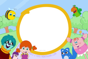 Moldura Personagens - Mika Diario Personagens O Diário de Mika (Mika, Abelhuda, Javali, Blablá), moldura circular borda dupla amarela branca, fundo parque.
