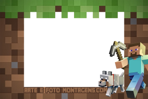 Moldura Personagens - Minecraft Steve Steve Minecraft, picareta, lobo, árvore blocos moldura, cenário caverna.