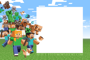 Moldura Personagens - Minecraft Personagens Minecraft (Steve, Alex, Creeper, Zumbi), moldura retangular branca recorte bloco, fundo grama céu.
