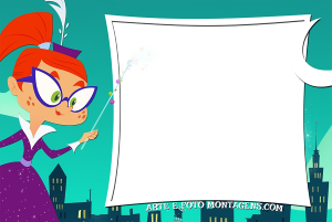 Moldura Personagens - Miss Moon Miss Moon, varinha mágica, moldura preta branca irregular, fundo cidade noite.