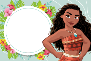 Moldura Personagens - Moana Flores Moana sorrindo, colar pedra azul, moldura circular borda branca, fundo azul flores tropicais.