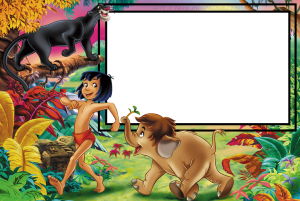 Moldura Personagens - Mogli Mogli, Bagheera, elefante filhote, selva, moldura retangular branca borda preta.