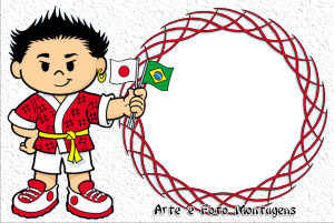 Moldura Personagens - Monica Tikara Hiro Turma da Mônica, quimono, bandeiras Japão Brasil, moldura circular vermelha borda trançada, fundo branco.