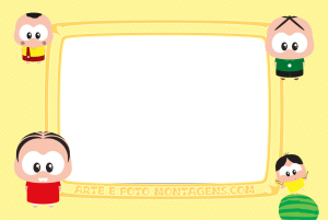 Moldura Personagens - Monica Toy Mônica, Cebolinha, Cascão, Magali (Monica Toy chibi), moldura retangular amarela, fundo amarelo poá.