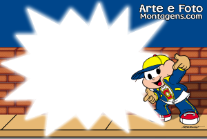 Moldura Personagens - Monica Cebolinha Cebolinha Turma da Mônica, sinal legal, moldura preta formato explosão, fundo muro tijolos.