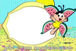 Moldura Personagens - Monica Magali Magali Turma da Mônica, asas borboleta melancia, moldura verde escura irregular, fundo campo florido.