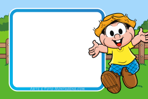 Moldura Personagens - Monica Chico Bento 2025 Chico Bento Turma da Mônica, acenando, moldura preta cantos arredondados, fundo fazenda.