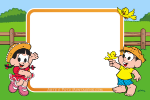 Moldura Personagens - Monica Chico Bento E Rosinha 2025 Chico Bento e Rosinha Turma da Mônica, passarinhos, moldura preta cantos arredondados, fundo fazenda.