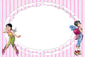 Moldura Personagens - Monica Jovem Meninas Mônica e Magali Turma da Mônica Jovem, moldura oval branca bordas recortadas, fundo listrado rosa.