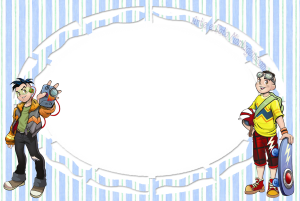Moldura Personagens - Monica Jovem Meninos Cebola e Cascão Turma da Mônica Jovem, moldura oval branca bordas recortadas, fundo listrado azul verde.
