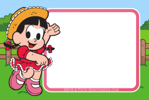 Moldura Personagens - Monica Rosinha 2025 Magali Turma da Mônica acenando, moldura preta cantos arredondados, fundo fazenda.