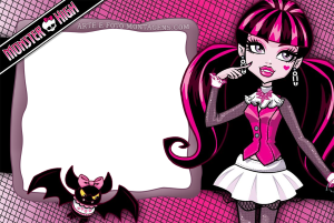 Moldura Personagens - Monster High 2 Draculaura Monster High, morceguinho, moldura roxa escura irregular, fundo pink teias aranha.