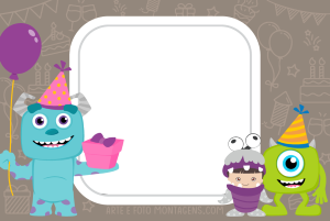 Moldura Personagens - Monstros Sa Aniversario Sulley, Mike, Boo (Monstros S.A.), balão, presente, moldura preta cantos arredondados, fundo marrom ícones festa.