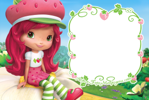 Moldura Personagens - Moranguinho 2000 Moranguinho moderna, sentada flor, moldura oval branca borda ramos morangos, fundo campo florido.