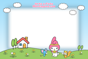 Moldura Personagens - My Melody Coelhinha My Melody, rato Flat, esquilo, campo florido, moldura branca formato janela, fundo céu.