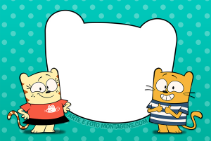 Moldura Personagens - Ollie Moon Gatos Ollie e Moon sorrindo, moldura branca formato cabeça gato, fundo verde-água poá.