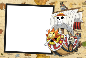 Moldura Personagens - One Piece Thousand Sunny Navio Thousand Sunny One Piece, moldura retangular preta, fundo mapa antigo.
