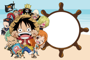 Moldura Personagens - One Piece Tripulação Chapéu de Palha One Piece chibi, moldura circular borda timão navio, fundo praia.