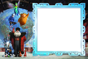 Moldura Personagens - Origem Dos Guardioes Guardiões (Papai Noel, Coelhão, Jack Frost, Fada, Sandman), moldura quadrada azul borda ornamentada.