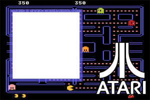 Moldura Personagens - Pac Man Atari Antigo Tela jogo Pac-Man Atari, logo Atari, área foto sobre labirinto.