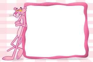Moldura Personagens - Pantera Cor De Rosa Pantera Cor-de-Rosa encostada moldura retangular vertical branca, fundo rosa listrado.