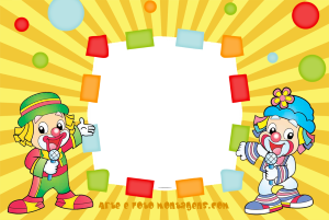 Moldura Personagens - Patati Patata Colorido Patati e Patatá cantando, moldura branca quadrados coloridos, fundo amarelo raios bolhas.