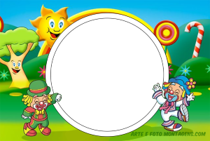 Moldura Personagens - Patati Patata Patati e Patatá acenando, moldura oval branca borda dupla lilás, fundo lilás raios.