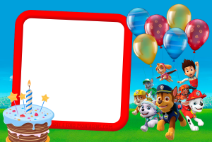 Moldura Personagens - Patrulha Canina Aniversario Filhotes Patrulha Canina, Ryder, bolo aniversário, balões, moldura quadrada vermelha, fundo parque.