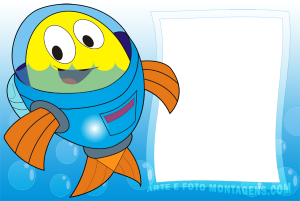 Moldura Personagens - Peixonauta Peixonauta traje espacial, moldura retangular vertical branca borda azul, fundo azul bolhas.
