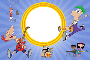 Moldura Personagens - Phineas E Ferb Phineas, Ferb, Candace, Isabella, Baljeet, Buford (banda), moldura circular amarela borda dupla, fundo azul raios.