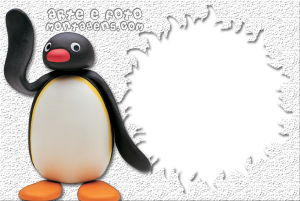 Moldura Personagens - Pingu Pinguim Pingu acenando, moldura preta bordas irregulares, fundo branco texturizado.