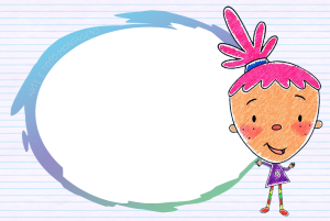 Moldura Personagens - Pinky Dinky Doo Pinky Dinky Doo sorrindo, moldura formato mancha tinta degradê azul roxo, fundo papel pautado.