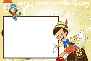 Moldura Personagens - Pinocchio Pinóquio e Grilo Falante, moldura bege borda marrom, fundo bege estrelas arabescos.