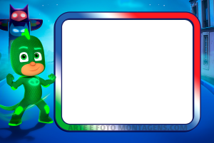 Moldura Personagens - Pj Masks Lagartixo Gekko Lagartixo PJ Masks, moldura degradê (vermelho, branco, verde) borda prateada, fundo cidade totem.