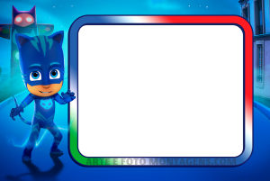 Moldura Personagens - Pj Masks Meninogato Catboy Menino Gato PJ Masks, moldura degradê (vermelho, branco, verde) borda prateada, fundo cidade totem.