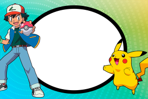 Moldura Personagens - Pokemon Pikachu Ash Ketchum Ash Ketchum, Pokébola, Pikachu (Pokémon), moldura circular, fundo verde azul texturizado.