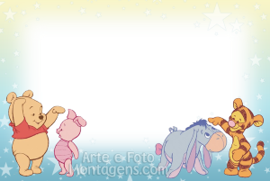 Moldura Personagens - Pooh Ursinho Baby Tigrao Leitao Io Ursinho Pooh, Leitão, Bisonho, Tigrão, moldura retangular branca, fundo azul amarelo estrelas.