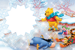 Moldura Personagens - Pooh Ursinho Neve Tigrao Leitao Io Ursinho Pooh, Leitão, Bisonho, Tigrão patinando gelo, moldura branca formato floco neve, fundo inverno.