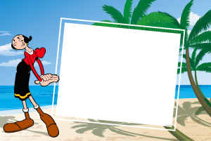 Moldura Personagens - Popeye Olivia Olívia Palito Popeye, praia, moldura retangular branca borda dupla fina inclinada.