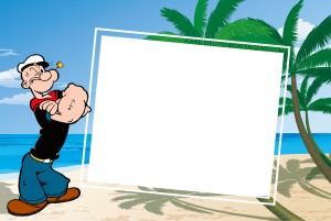 Moldura Personagens - Popeye Marinheiro Popeye braços cruzados, praia, moldura retangular branca borda dupla fina inclinada.