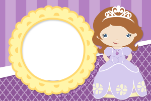 Moldura Personagens - Princesa Sofia Princesinha Minus Princesinha Sofia chibi, moldura circular amarela borda recortada, fundo roxo padrões.
