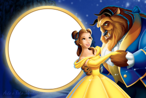 Moldura Personagens - Princesa Bela Fera Bela e Fera dançando, moldura circular dourada grande, fundo céu noturno estrelado.