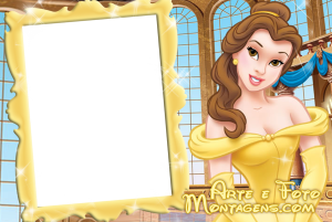 Moldura Personagens - Princesa Bela Bela (A Bela e a Fera) vestido amarelo, moldura branca borda dourada ornamentada, salão baile.