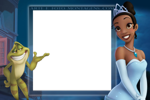 Moldura Personagens - Princesa E O Sapo Princesa Tiana e Sapo Naveen, moldura retangular azul acinzentado, fundo Nova Orleans noite.