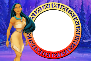 Moldura Personagens - Princesa Pocahontas Pocahontas, moldura circular preta borda amarela vermelha padrões, fundo floresta entardecer.
