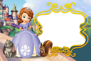 Moldura Personagens - Princesa Sofia Princesinha Sofia, amigos animais (Clover, esquilo), castelo, moldura preta borda dourada ornamentada.