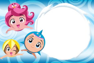 Moldura Personagens - Princesas Do Mar Três Princesas do Mar nadando, moldura cinza formato onda, fundo azul ondas.