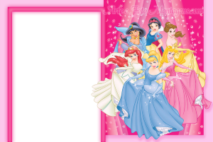 Moldura Personagens - Princesas Grupo Princesas Disney (Jasmine, Branca Neve, Bela, Ariel, Cinderela, Aurora), vestidos gala, moldura vertical pink, fundo pink brilhos.