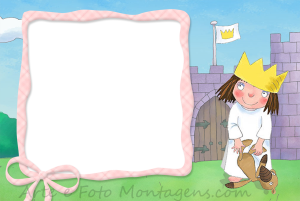 Moldura Personagens - Princesinha Princesa Holly (Pequeno Reino Ben e Holly), ursinho, coroa, moldura rosa quadriculada, fundo castelo.